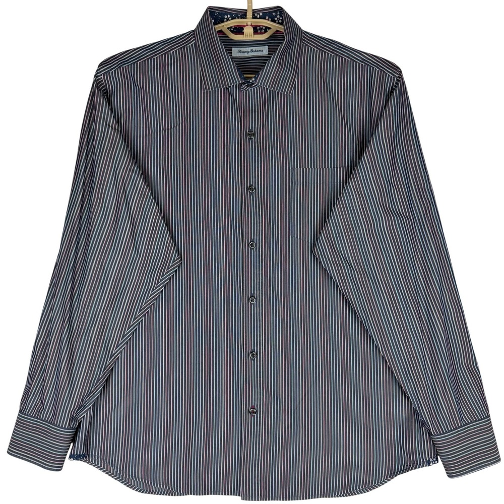 Tommy Bahama Shirt Mens L Cotton Silk Multicolor Stripe Long Sleeve Button Up